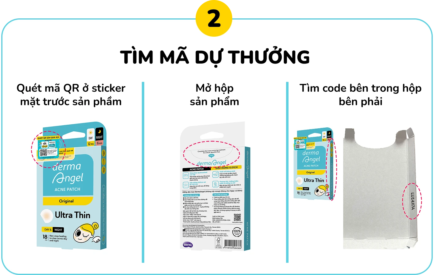 Bước 2: Tìm mã dự thưởng — quét mã QR, mở hộp, tìm code bên trong hộp